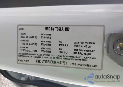 2019 Tesla Model 3 Long Range/Mid Range/Standard Range/Standard Range Plus из США, поврежденный, VIN 5YJ3E1EA3KF401701